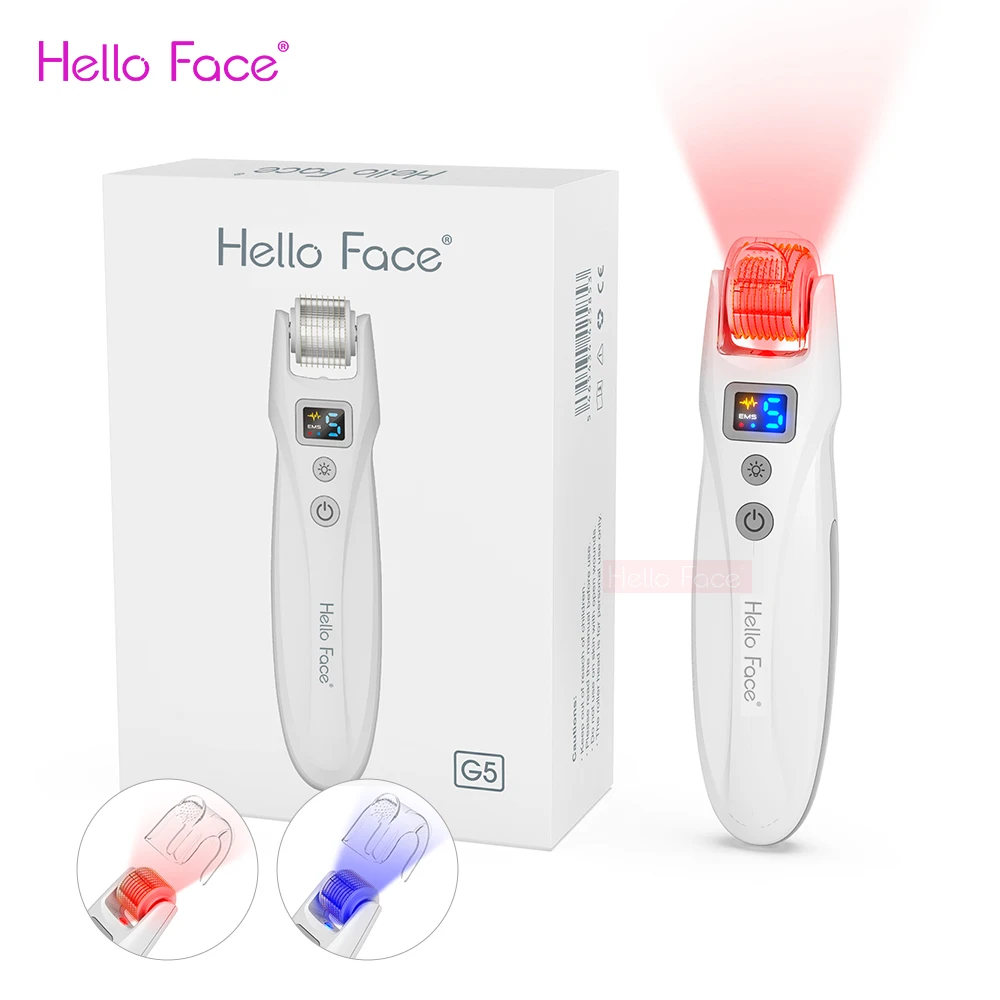 Hello Face G5 EMS ไทเทเนียม Derma ลูกกลิ้ง540เข็มคืนความอ่อนเยาว์ให้กับคอลลาเจนไมโครปัจจุบันการสั่นสะเทือนอุปกรณ์ LED พร้อมลูกกลิ้งขัดเท้า2ชิ้น