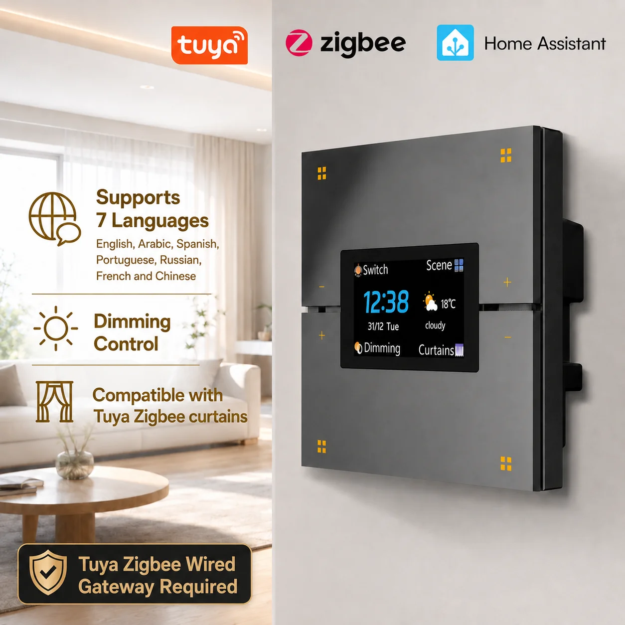 M9-Pro Smart Scene Switch 4-in-1 Tuya Zigbee 3.0 mit 1,9-Zoll-Bildschirm 4-Gang-Szenen-Vorhang-Dimmer Kompatibel mit Google Alexa Anpassbar
