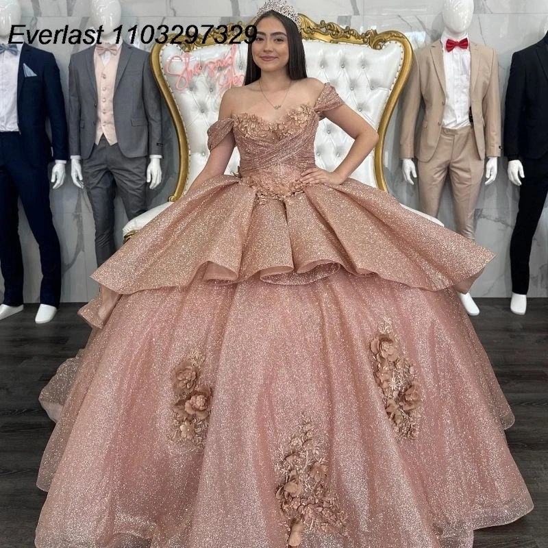 

EVLAST Sparkly Rose Pink Quinceanera Dress Ball Gown Shiny Applique Beaded Tiered Ruffles Sweet 16 Vestidos De XV 15 Anos TQD722