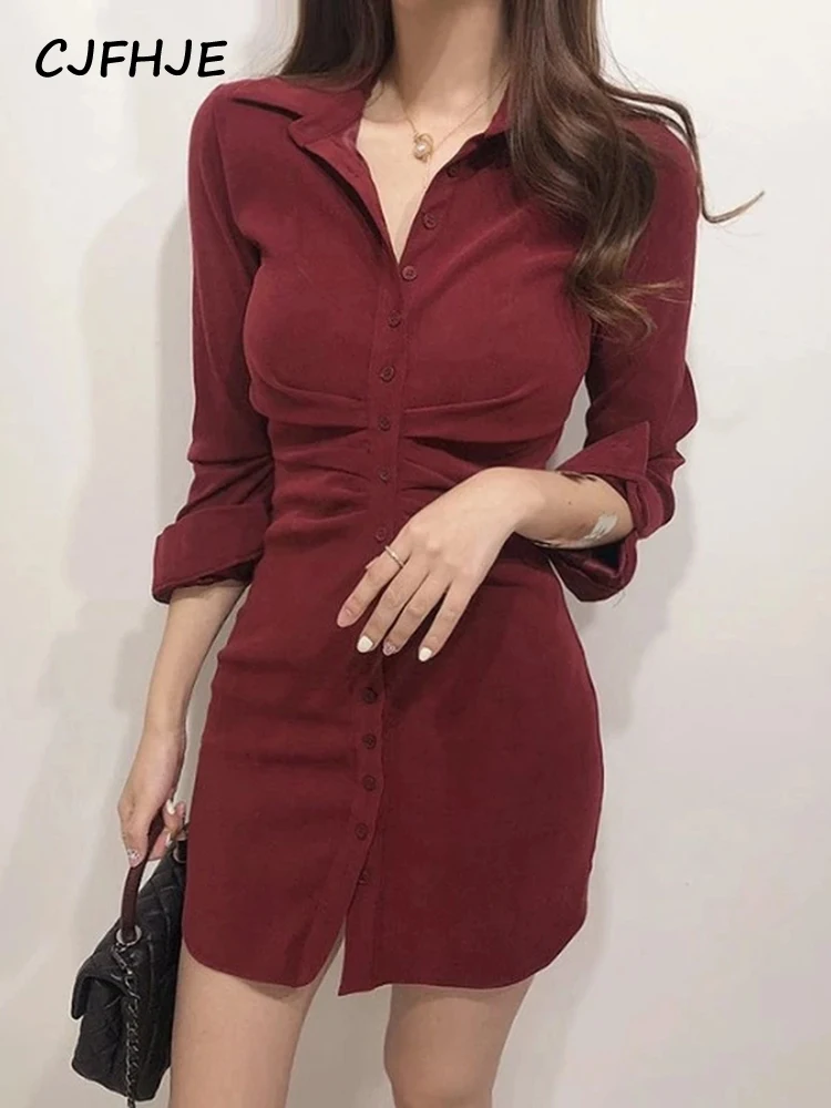 Mini Slim High Waist Solid Vestido Mujer Shirts Slim OL Retro All-match Temperament Pink Lapel Single Breasted Wrap Hip Dress