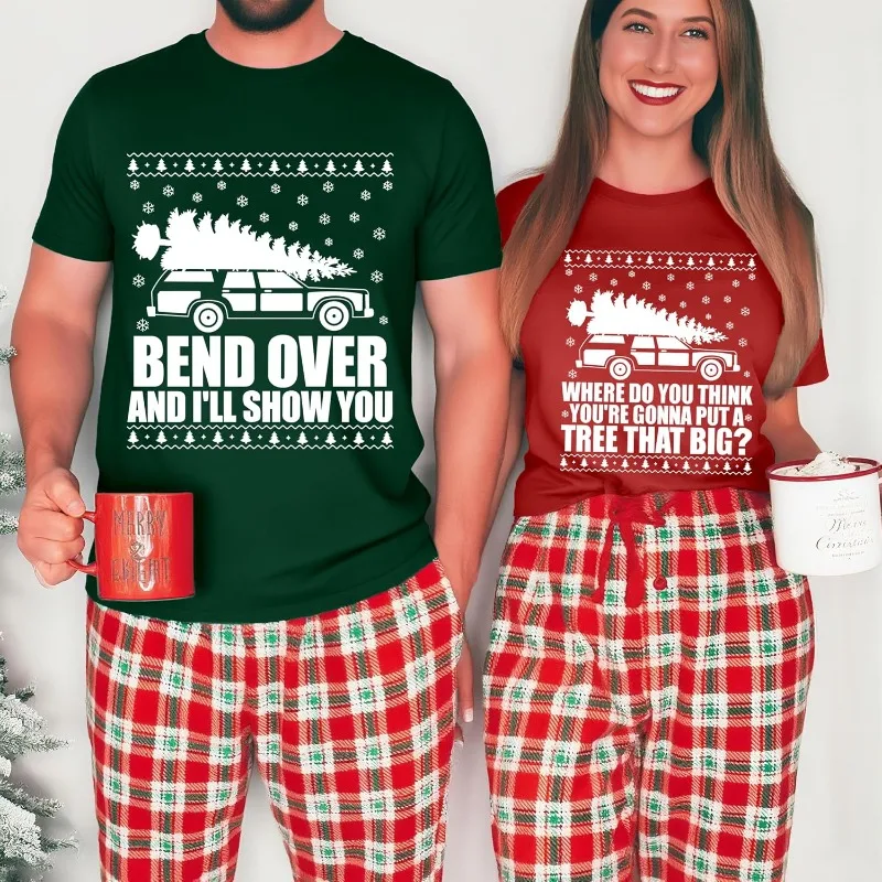 クリスマスカップルシャツ メリークリスマス 家族お揃いクリスマス衣装 面白いホリデーグラフィック クルーネックコットンTシャツ