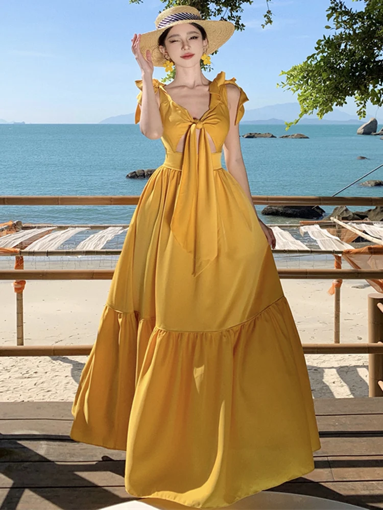 Sexy Fashion Bohemia Yellow Long Dresses For Women 2024 New Summer Beach Vacation Sleeveless Bandage Slim Big Swing Dress Female