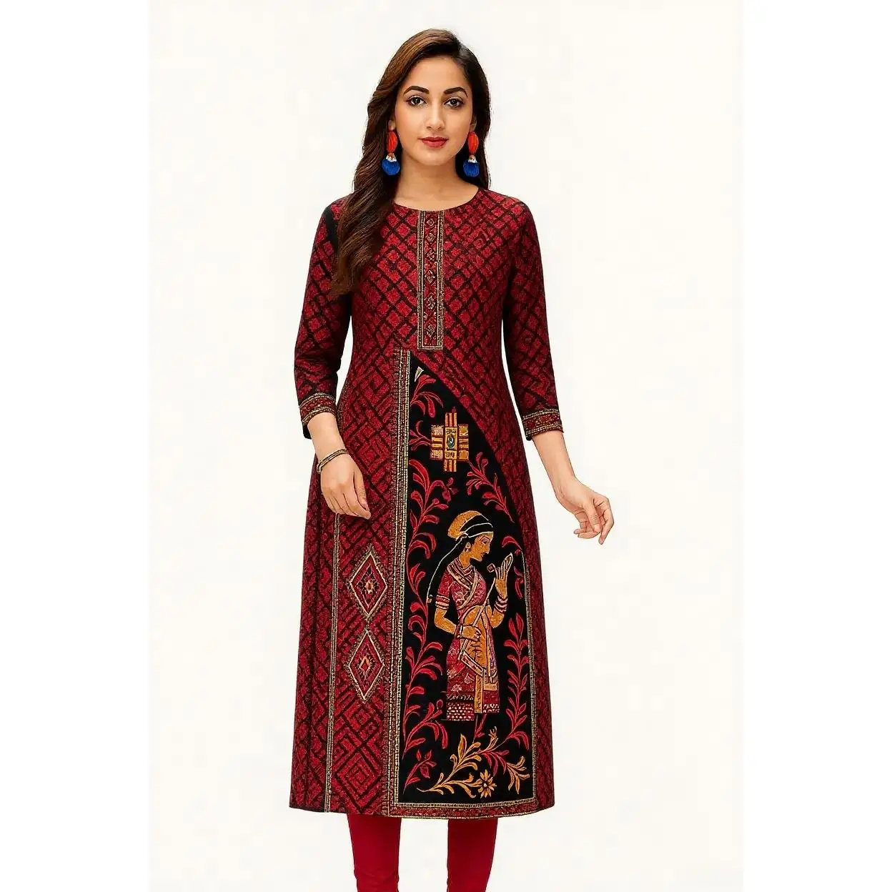 Dress kurt women's fashionable and elegant long sleeved straight tube casual round neck pattern noble skirt.