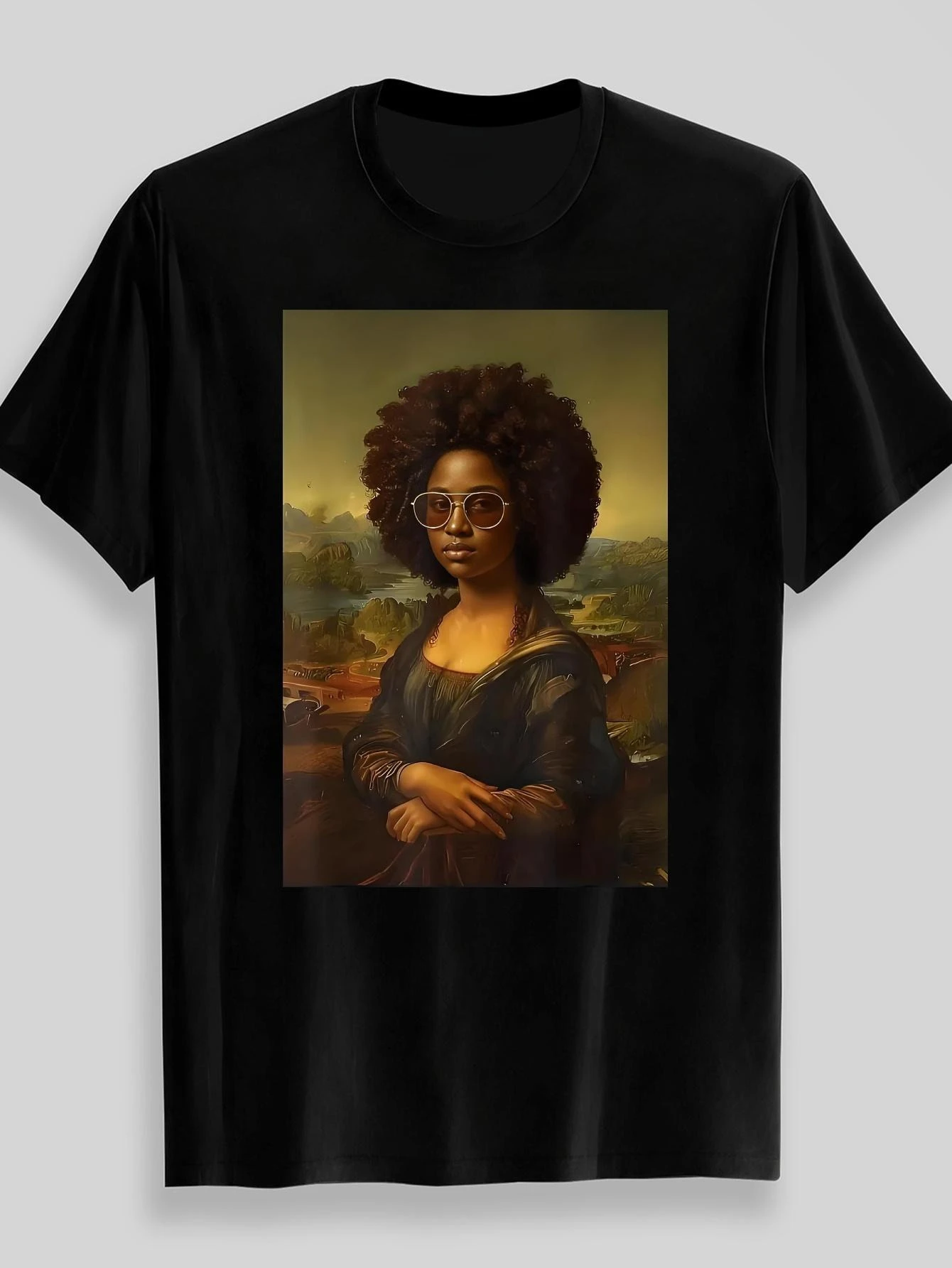 Men'S T-Shirt African American Mona Lisa Vintage Art T-Shirt Short Sleeve Men's T-shirts for Unisex  Black Crew Neck T Shirt