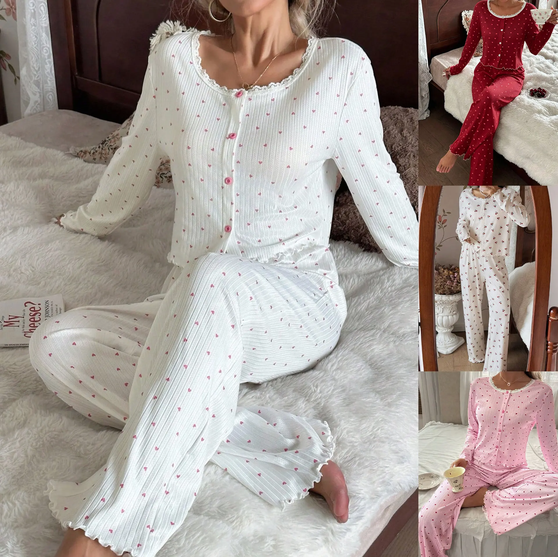 Women's Autumn and Winter Pajamas Fashionable and Sexy Lace Cardigan Long-sleeved Top Trousers Loungewear Suit