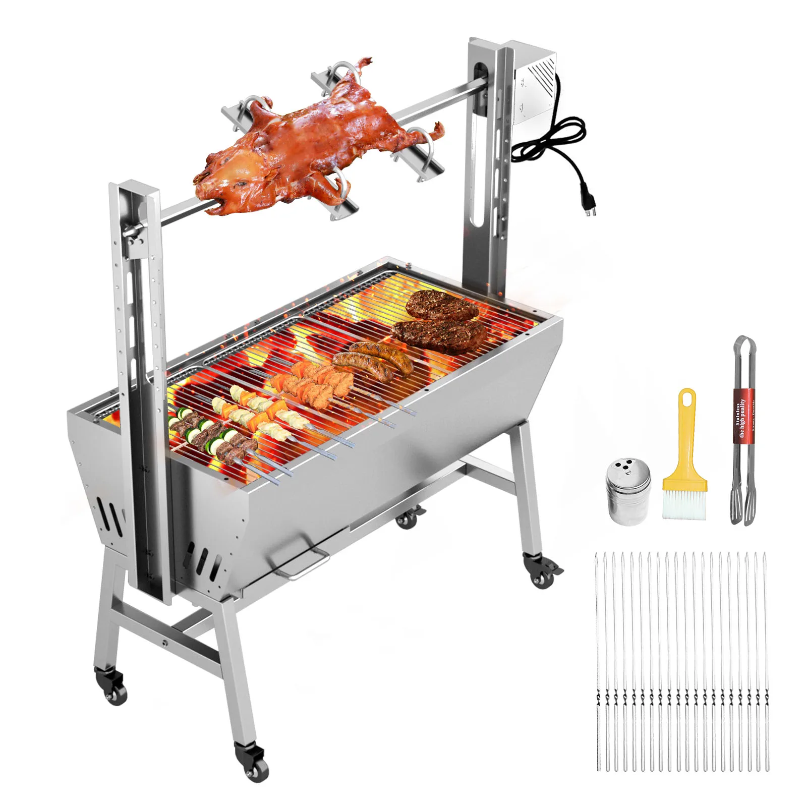 Automatic Rotisserie Charcoal Grill, Portable Outdoor Spit Roaster with Adjustable Height & Lockable Wheels, Stainless Steel BBQ Oven for Backyard Patio