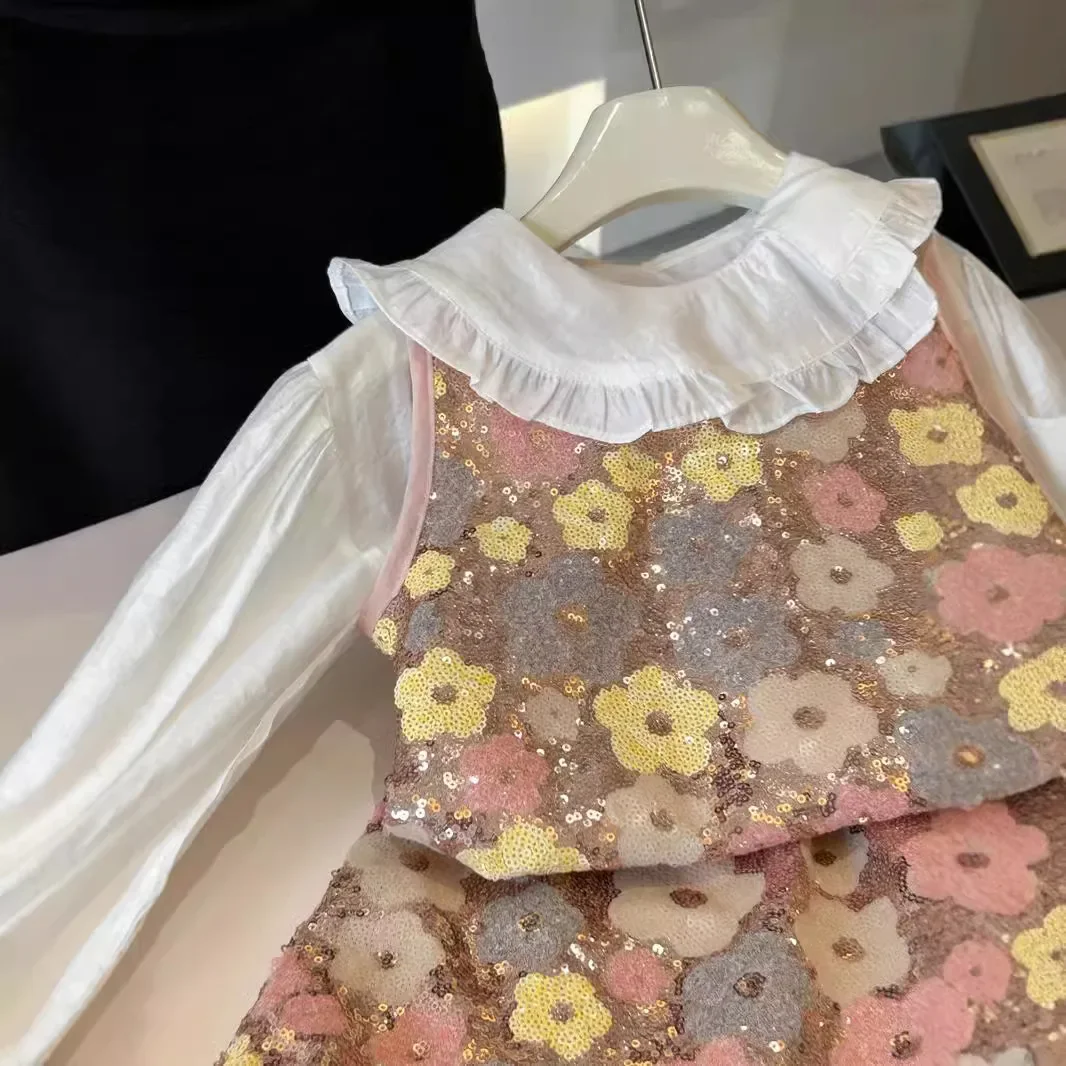 Childrens Sets Girl Summer New Baby Causal Vest Short Sleeve Two Pieces Glitter Skirt 2024 Sweet Fashion Flower Simple image 4