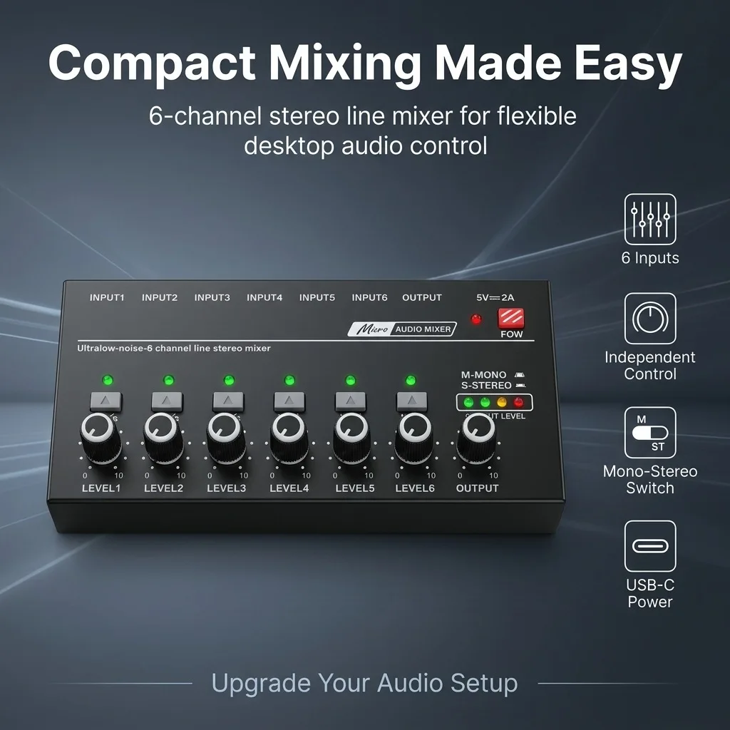 6 Channel Line Mixer Mini Sound Mixer Power Supply DC5V Easy Operation Audios Mixer