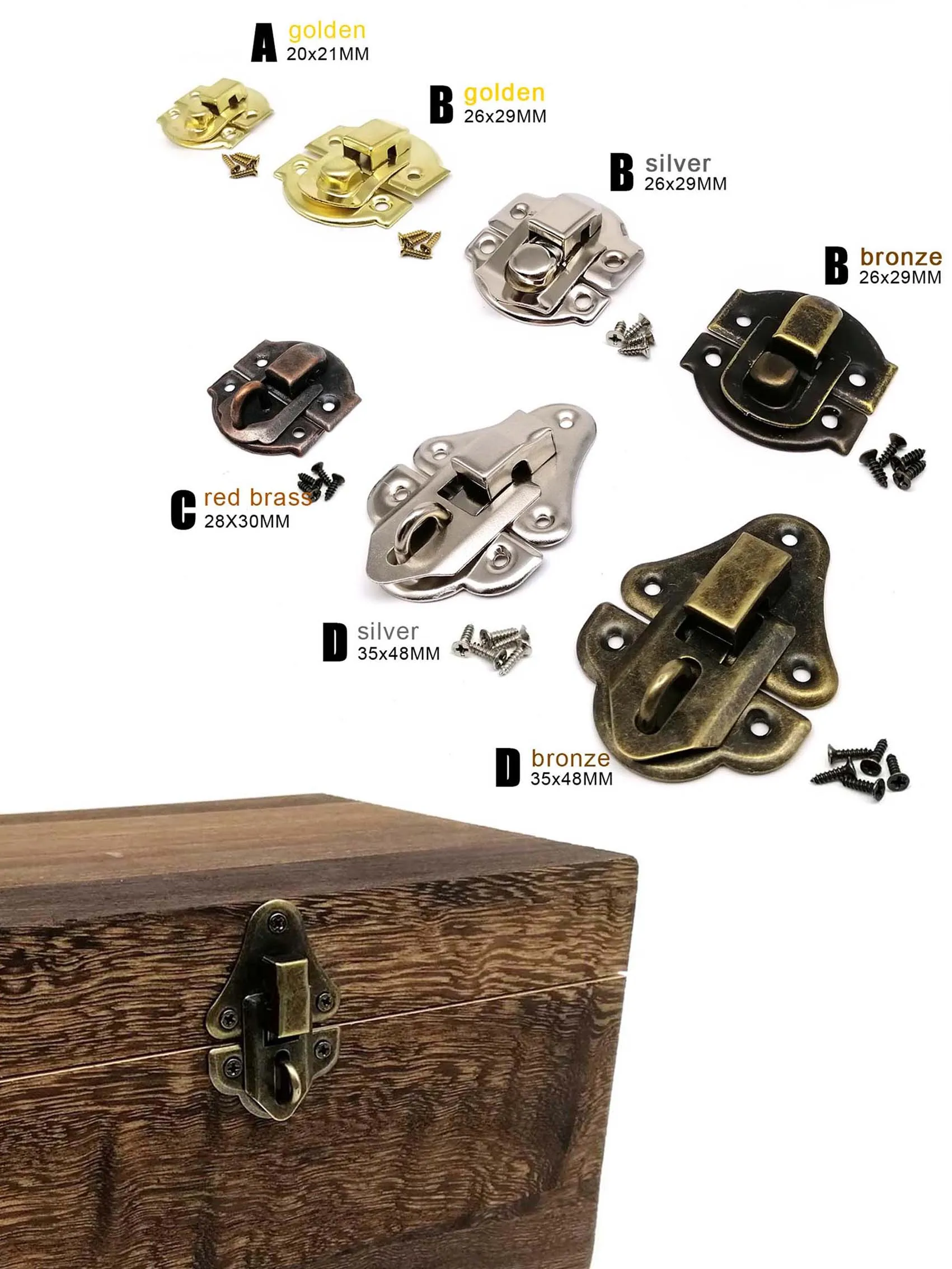 HZYUEGOU Mini Kleine Goldene Silberne Bronze Schmuck- und Weinkiste aus Holz mit Knebelverschluss, Haspe und Haken, abschließbar, mit Schraubverschluss – Detail 4