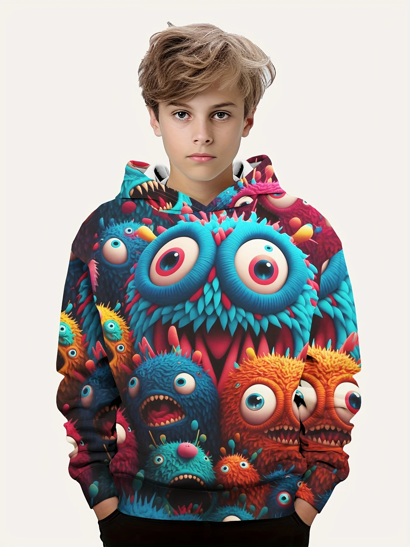 

Colorful monster 3D printed cute, comfortable and fashionable hoodie suitable for boys and girls - keep him warm and fashionable