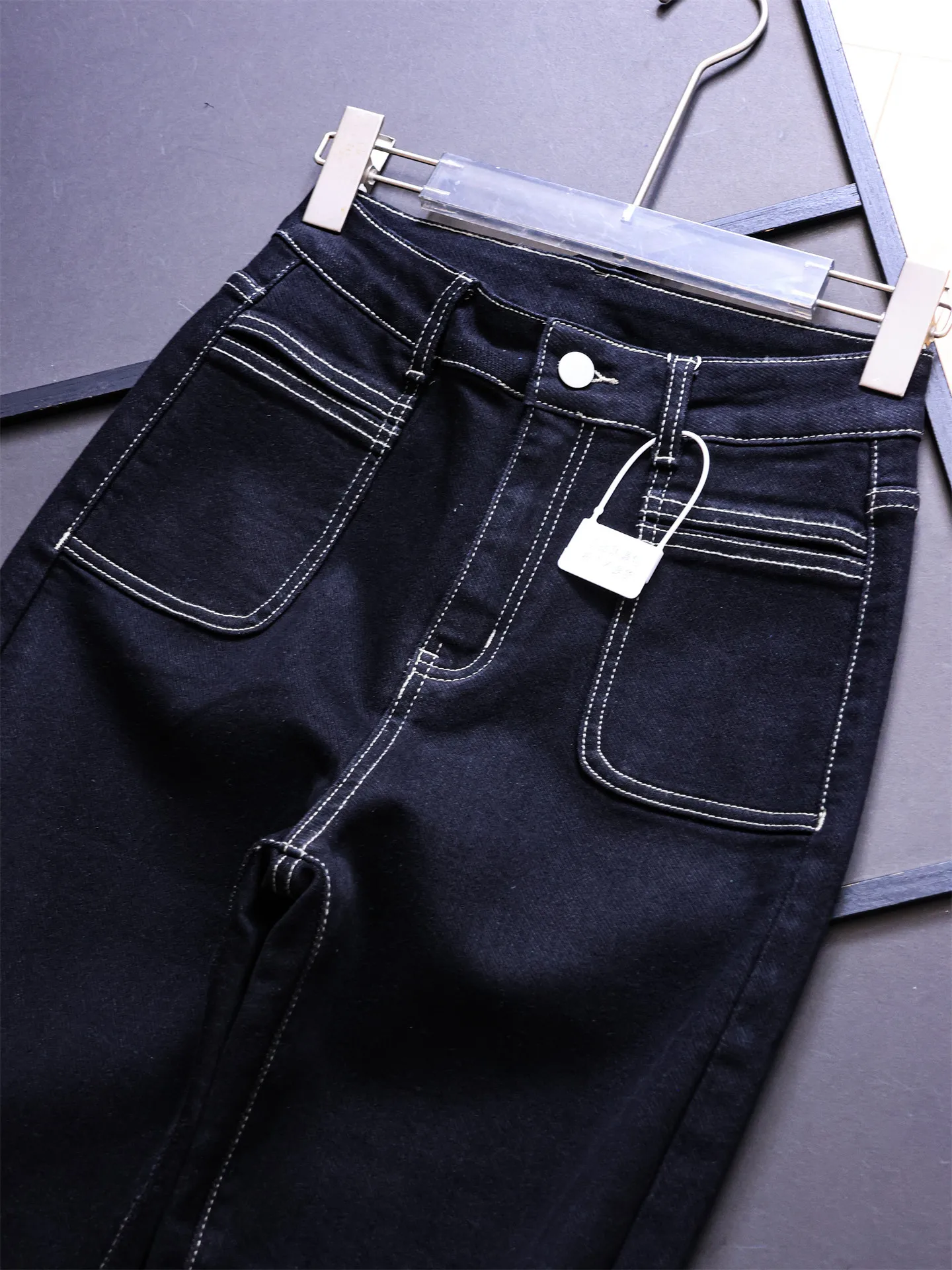 High Waist Straight Leg Jeans Women's Denim Pants Color Block Contrast Pockets Symmetrical Seams Casual Cotton Blend
