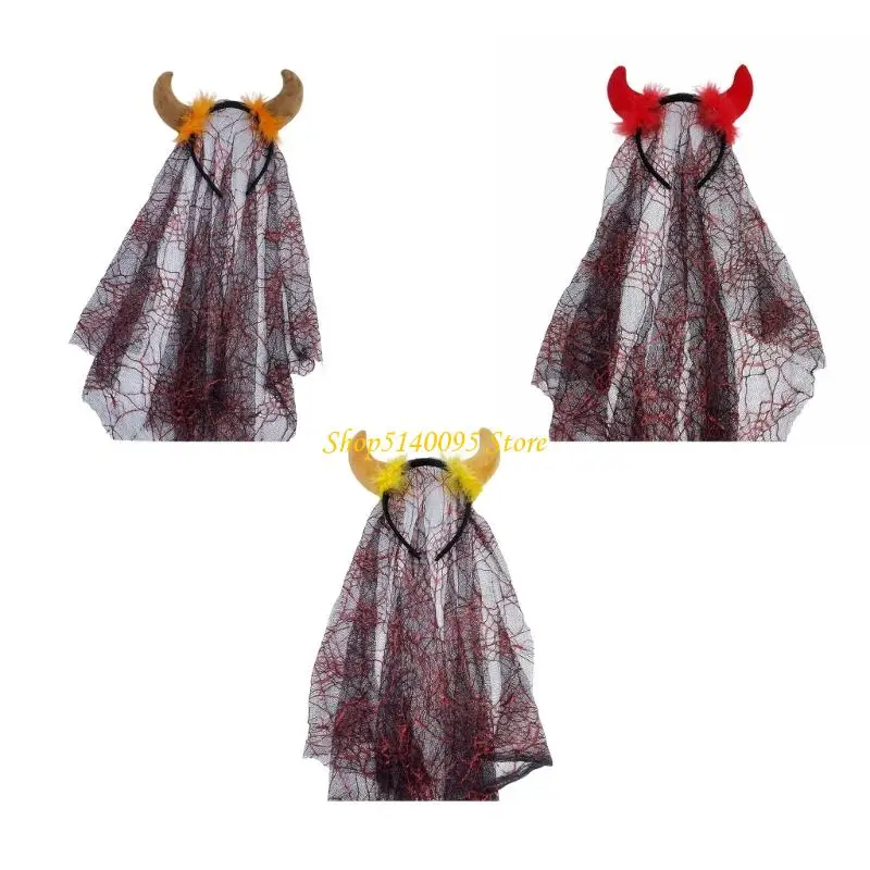 DXAE Halloween Hairhoop with Devil Horn Dark Series Eyeball Tulle Headpiece Theme Party Music Festival Hairband