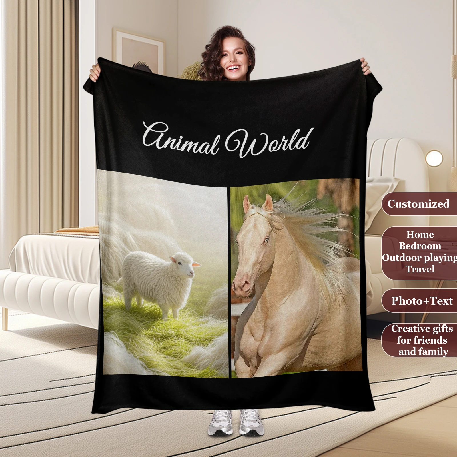 

Vivid Animal Theme Custom Blanket Lamb & Stallion Creative Gifts for Friends Family Picnic Camping Sofa Bedroom Available