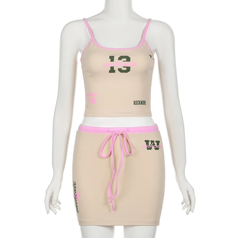 Y2K Sweet Camis Top and Drawstring Mini Skirt Two Piece Set Letter Print Contrast Summer Matching Sets Cute Outfits