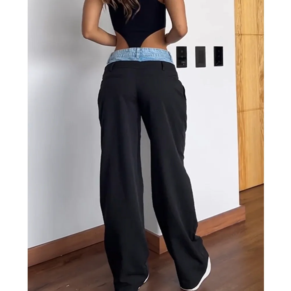 Unique Retro Colorblock Spliced Denim Pants For Women High Waist Patchwork Zipper Temperament Straight Pant Female Fashion Style