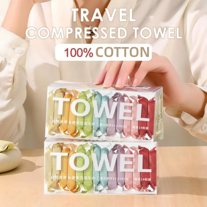 14PCS Compressed Towel Travel Disposable Face Towel Cleaning Quick Drying Towel Pure Cotton Non-Woven Fabric Wipes Makeup Towel