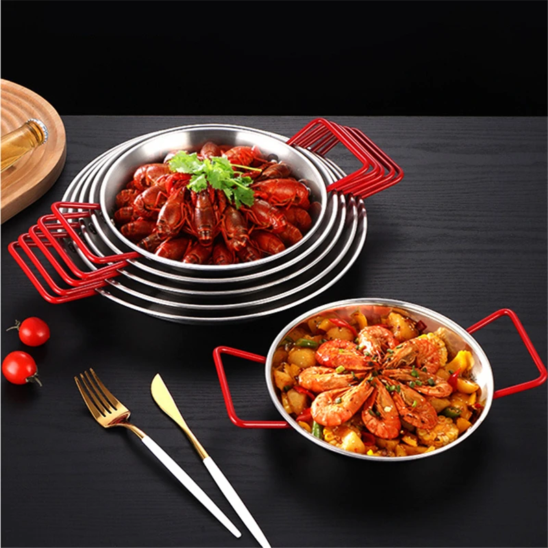 

18/24/32cm Double Ear Spanish Paella Plate Stainless Steel Seafood Lobster Tray Non-Stick Frying Pans Kitchen Cooking Food Pots