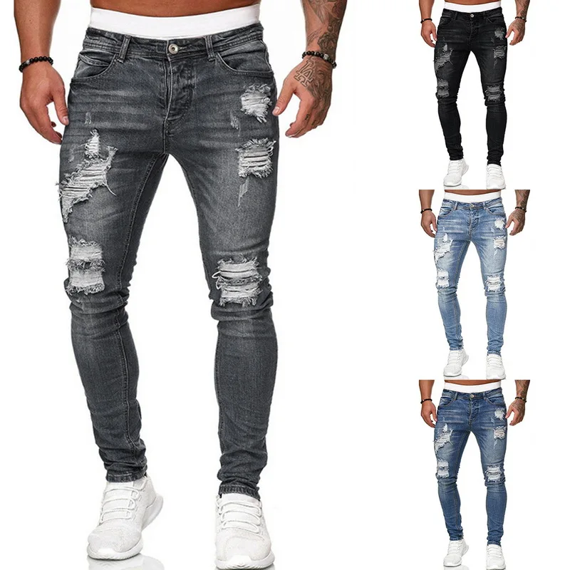 New Adisputent Men's Sweatpants Sexy Hole Jeans Pants Casual Summer Autumn Male Ripped Skinny Trousers Slim Biker Outwears