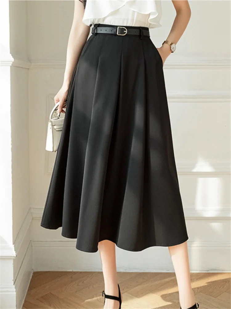 

High Waist Women's Umbrella Long Skirts with Belted 2023 New Spring Summer Korean Style Elegant Office Skirts Pockets Female