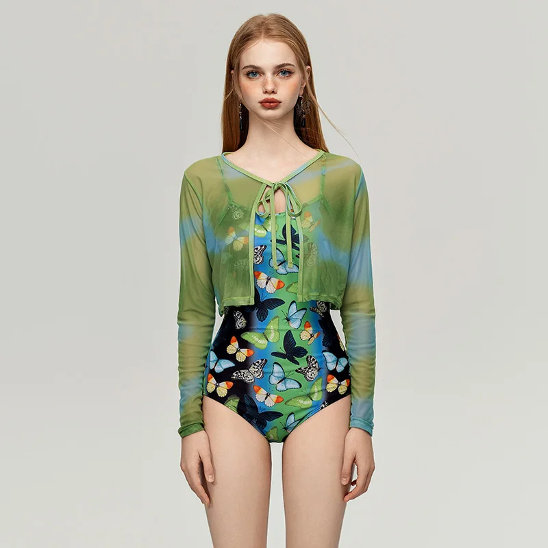 One-Piece Printed Swimsuit for Women, Draped Long Sleeves, Covering the Belly, Slim and Fresh, 2-Piece Set