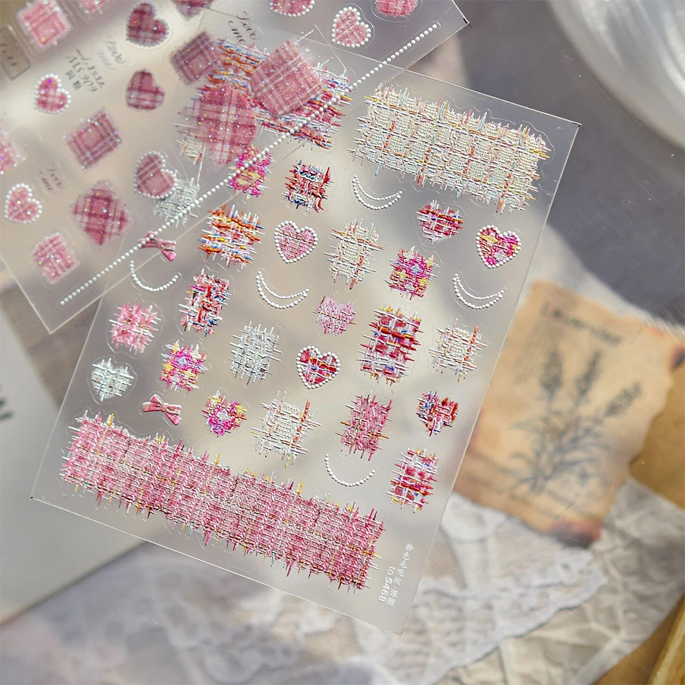 1 Uds. De pegatinas para uñas con textura de lana dulce, rejilla de corazón, collar de perlas francesas de amor a cuadros, calcomanías para uñas, deslizadores de manicura de estilo coreano Y2K