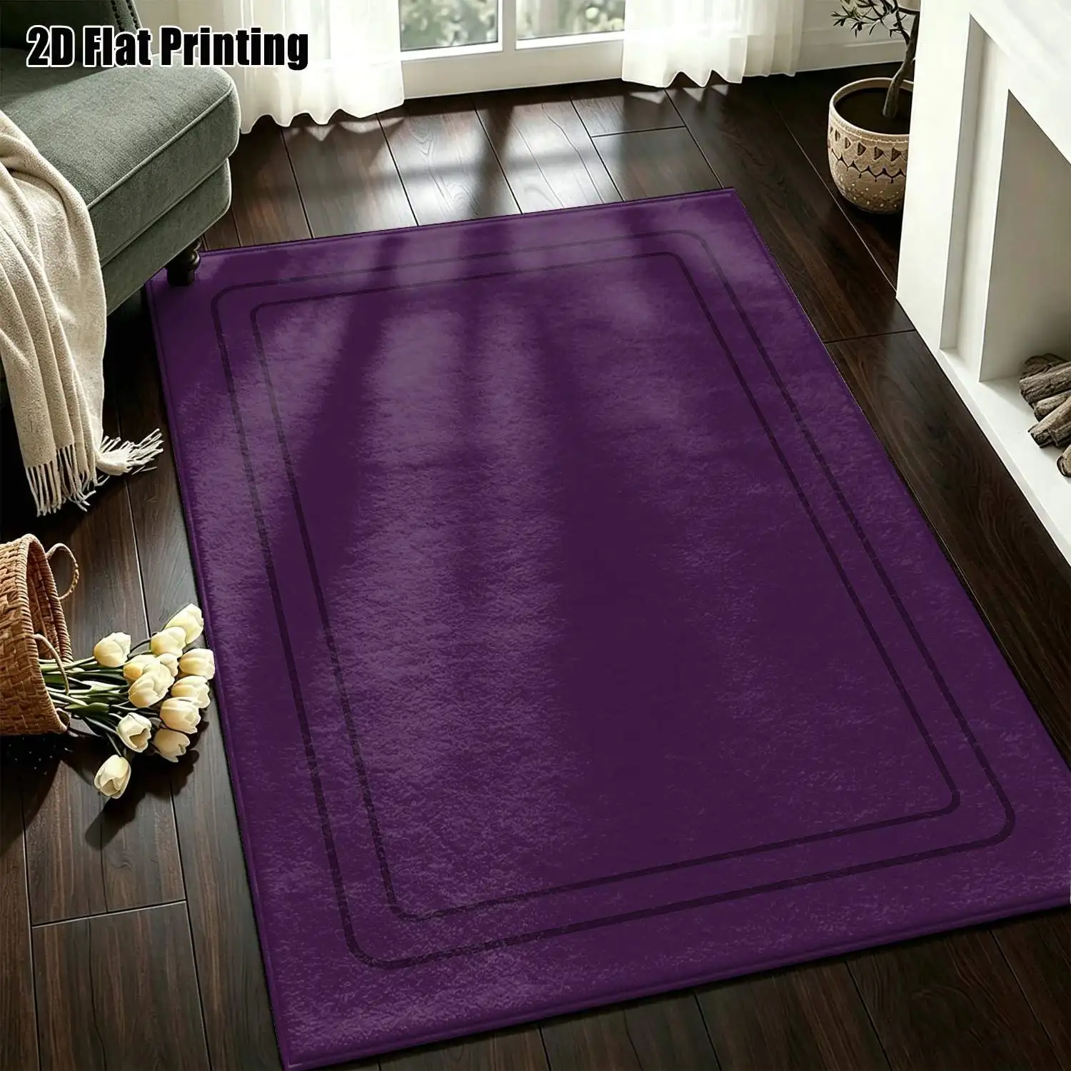 1Pc 2D Printed Deep Purple Solid Color Geometric Border Carpet, Modern Minimalist Nordic Vintage Style, Multi-Size Machine Washable, Suitable for Home Decoration, Entrance/Dining/Bedroom/Living Room