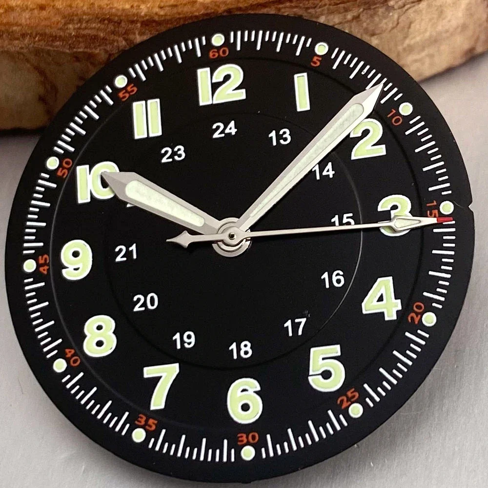 29mm Pilotenuhr-Zifferblatt mit schwarzen Zeigern für NH35 NH36 ETA2824 PT5000 ST2130 Miyota 8215, grün leuchtende Taucheruhr-Teile – Detail 7