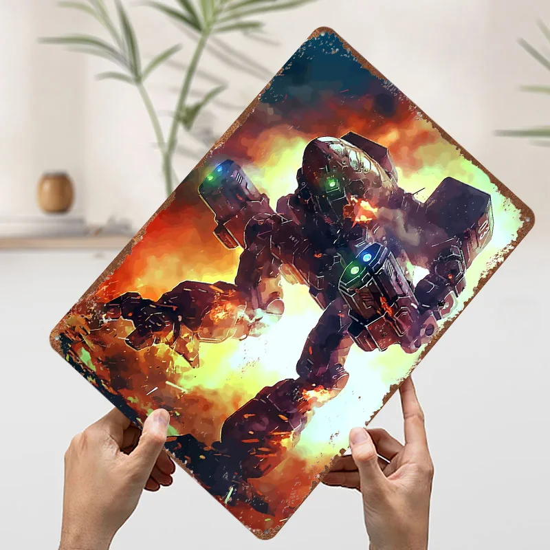 الميكانيكية المحارب في معركة النارية المعادن المشارك تين علامات الرجعية مخصص علامة معدنية لجدار الفن الديكور ديكور المنزل بار الملحقات