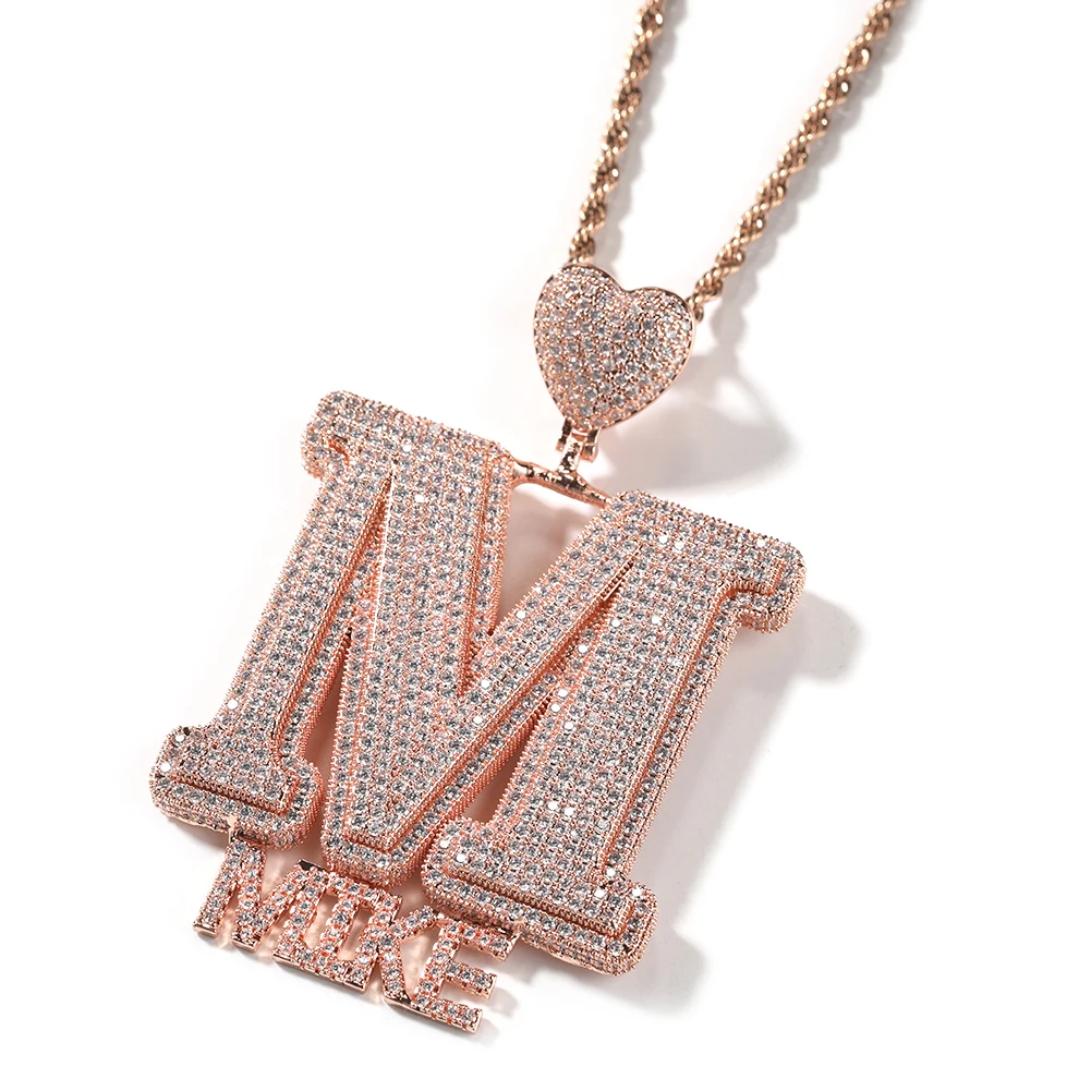 THE BLING KING Custom Heart Bail Big Bold Initial Letter A-Z Attached Mini Letters Pendant Micro Pave CZ Necklace Hiphop Jewelry
