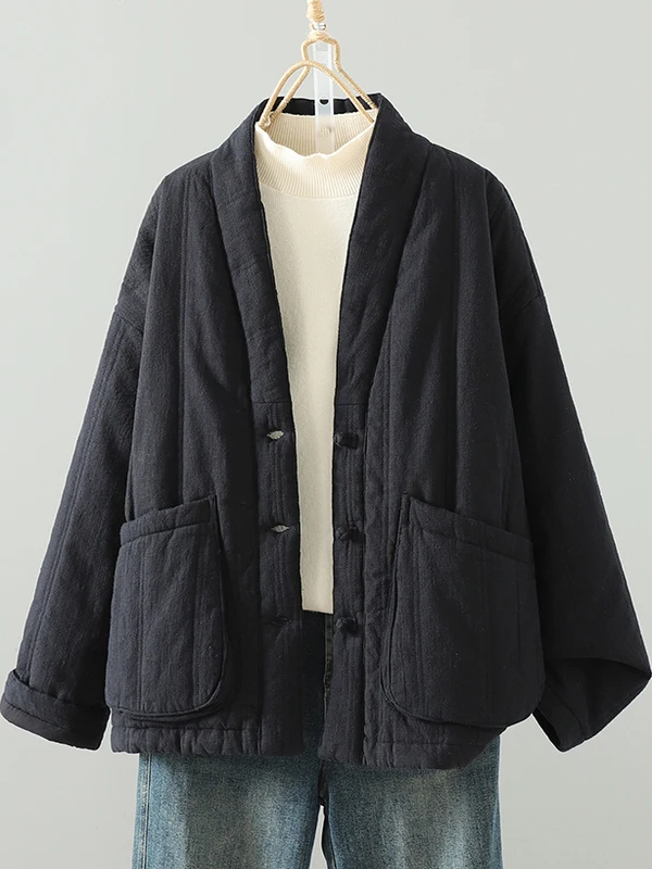 

Thiened Cotton Linen Jaet Women's Winter New Sle Chinese National Sle V-ne Long Sve Warm Coat Retro Sle