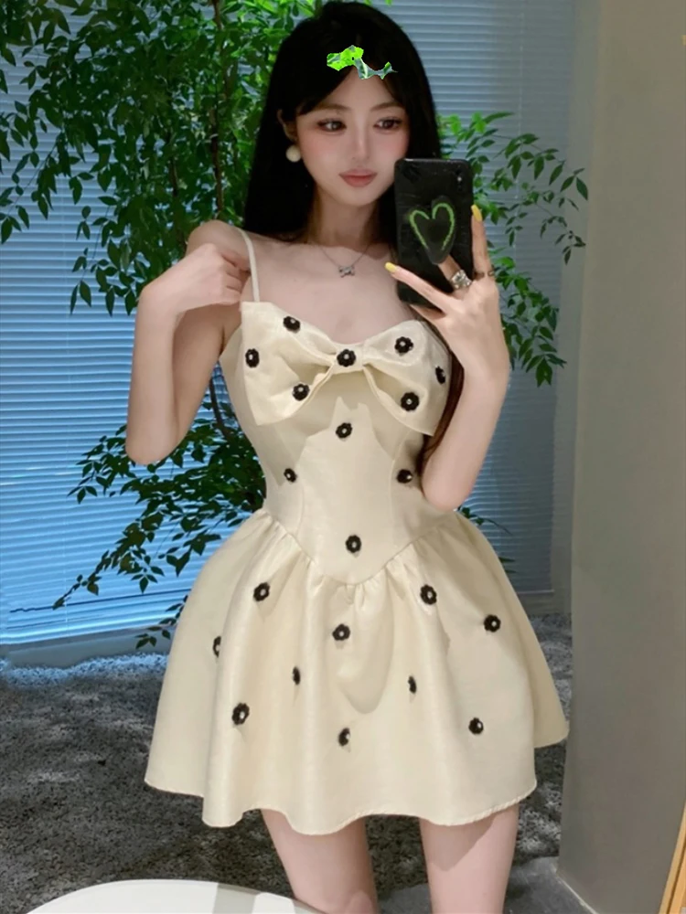 Korean sleeveless camisole dress for women floral bow dress for women 2024 New Summer