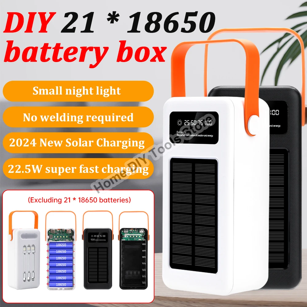 

DIY 21x18650 Solar Power Bank Case 10W/22.5W Battery Storage Box Super Fast Charging Power Bank Box Digital Display Mobile Power