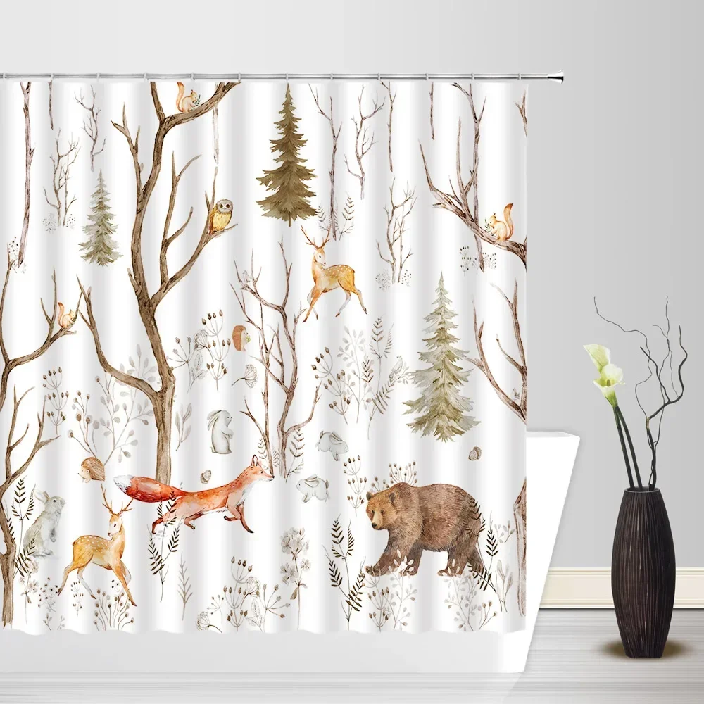 Animal Shower Curtain, Wild Woods Animal Farm Field Bear Deer Fox Fall Footprints Patchwork Bathroom Decoration