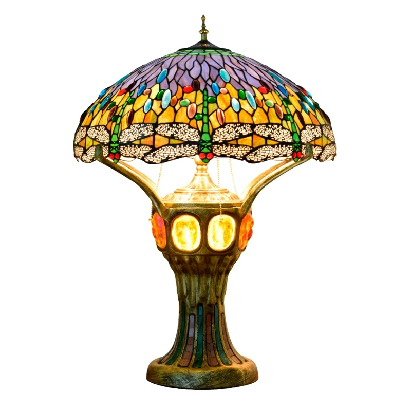 Vintage creative living room exhibition hall antique table lamp Tiffany stained glass green dragonfly bedroom large table lamp
