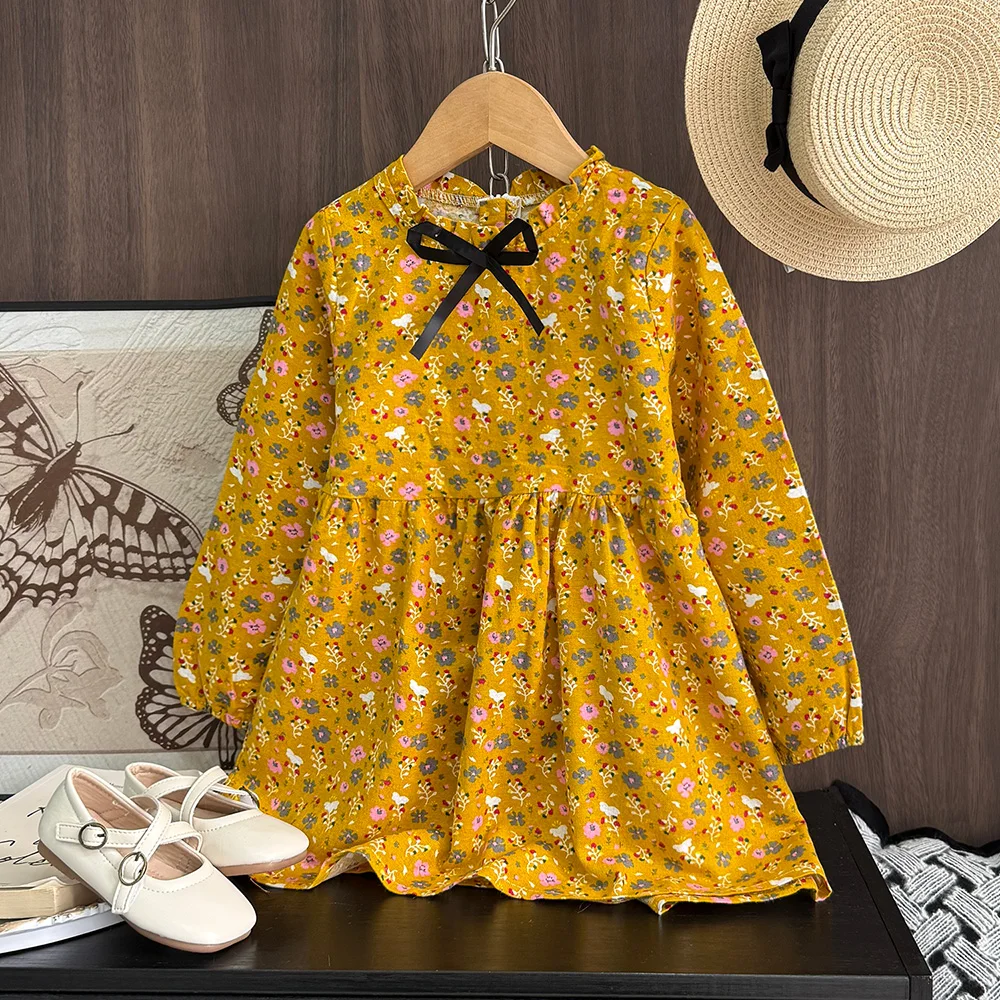 Girls Dark Green Floral Long Sleeve Dress Stand Collar Bow Puff Sleeve A-line Dress Kids Vintage Casual Princess Daily Dresses