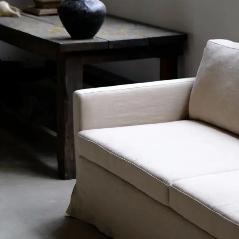 Canapé double pour trois personnes en tissu lin, entièrement démonté et lavé, meubles rétro B & B inn