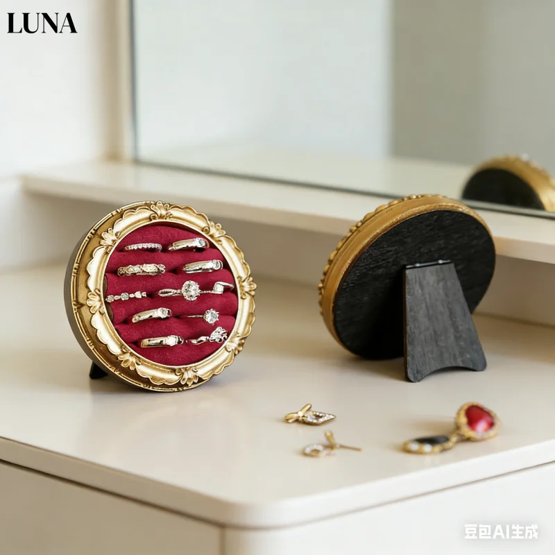 Antique Round Ring Dish with Velvet Lining, Decorative Jewelry Storage Tray for Vanity Tabletop, Photo Prop & Home Decor