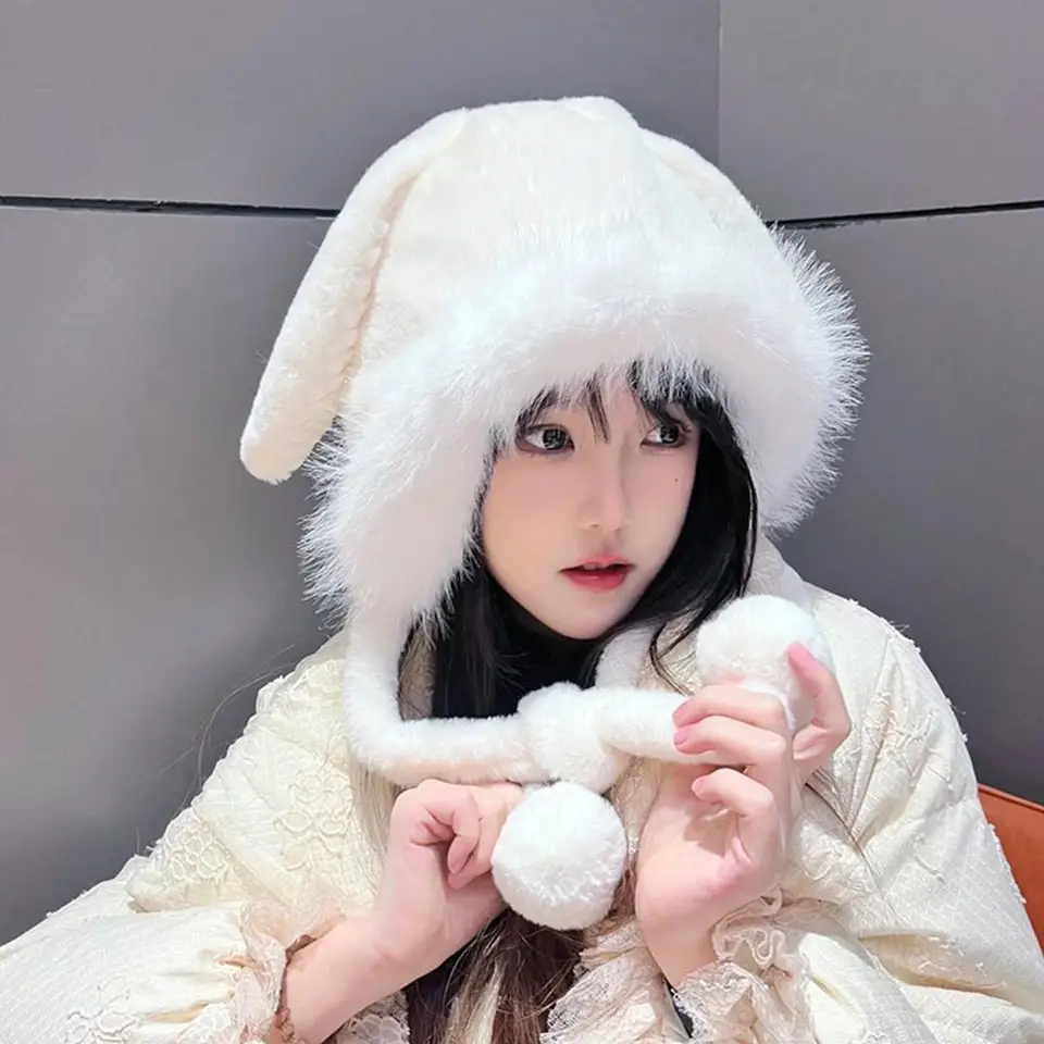 Women Beige Cute Rabbit Ear Plush Beanie Cap Outdoor Fluffy Bunny Hat Scarf Amazon.com: Jilneed Cute Bunny Hat Women Plush Rabbit Ear  main image 2