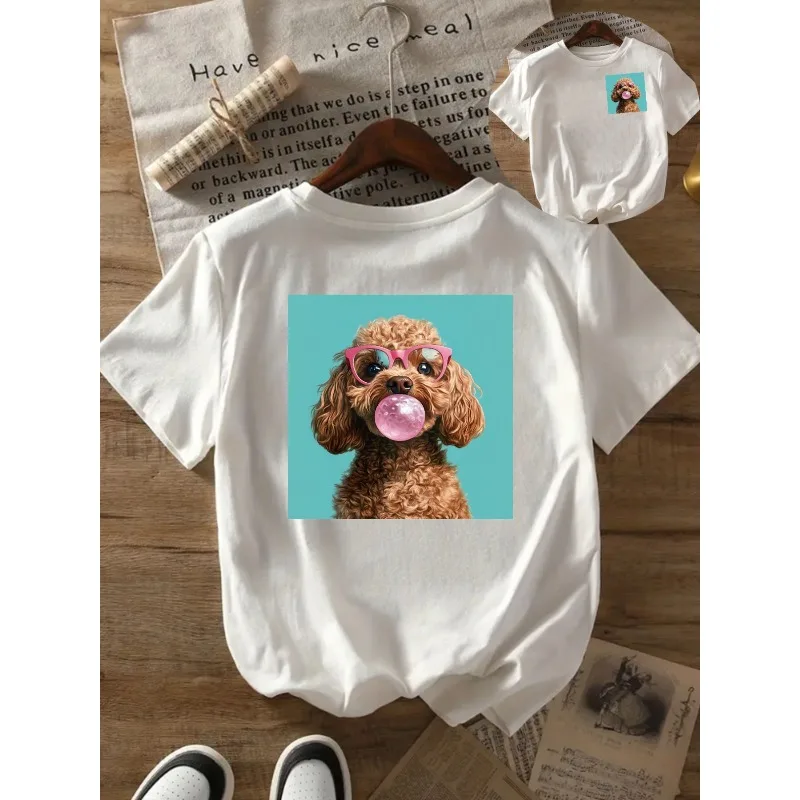 

Футболка с короткими рукавами спереди и сзади с очаровательным щенком и жевательной резинкой, женская всесезонная модная повседневная хлопковая футболка с принтом