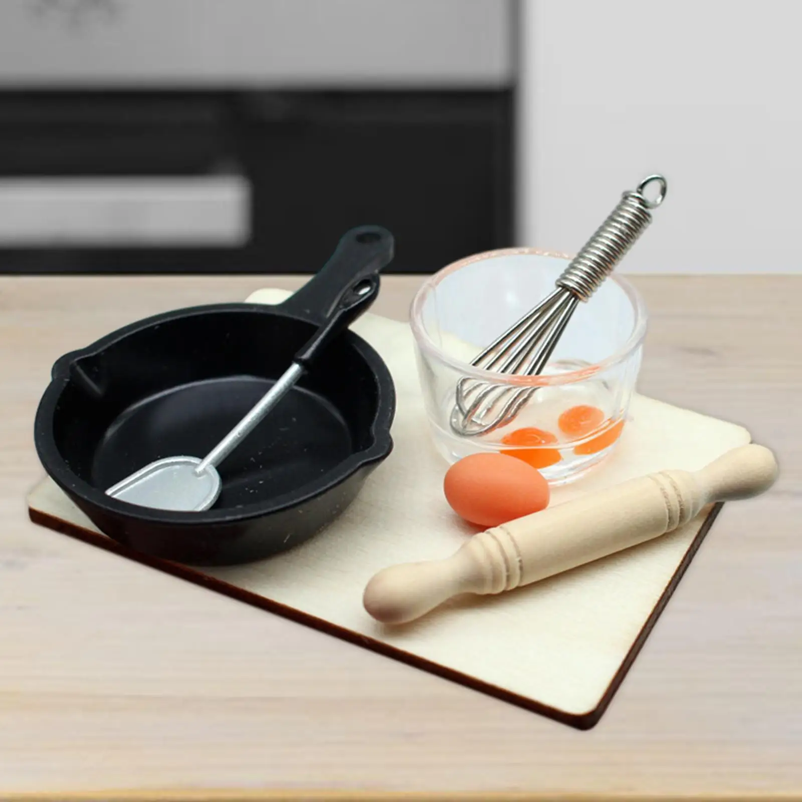 7x 1:12 Dolls House Cooking Tool Includes Egg, Rolling Pin,cutting Board, Bowl, Whisk, Pan and Spatula Dolls Furniture Toys