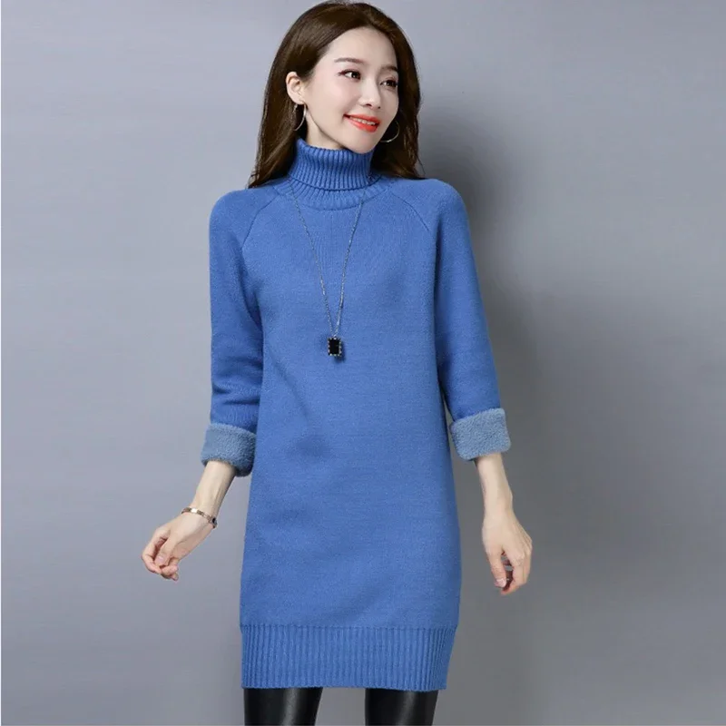 Pull mi-long doublé de velours pour femme, col roulé mince, pull épais, tricots chauds, sourire coréen, hiver