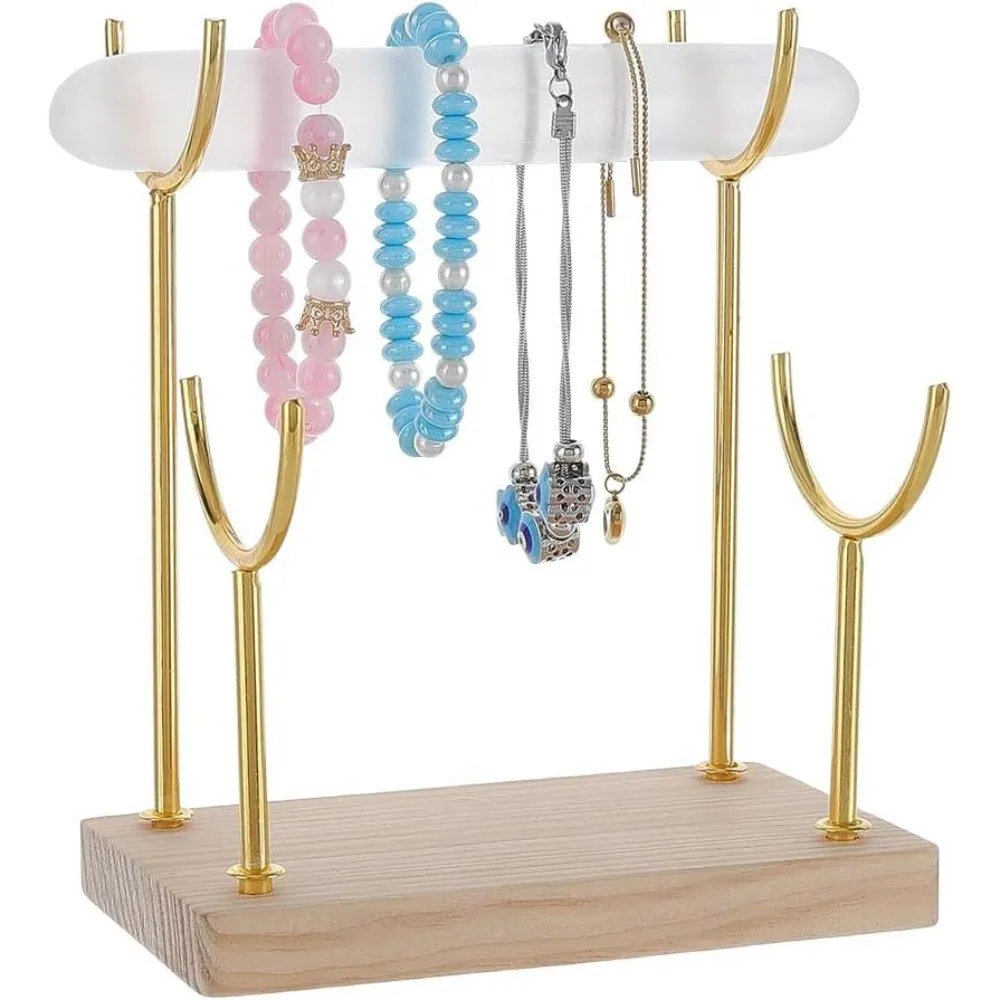 2-Tier Selenite Bracelet Holder Y Shaped Bracelet Display Stand with Wooden Base Detachable Jewelry Wrap Watch Organizer Holder