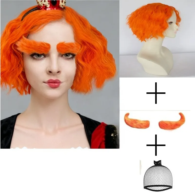 Peluca de cosplay rizada corta para hombre y cejas, pelucas naranjas, pelucas de cosplay para disfraz de anime para fiesta de Halloween, cabello divertido para adultos