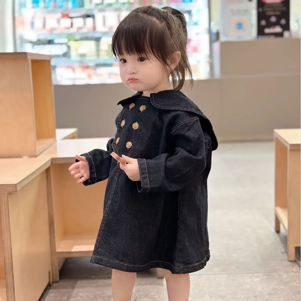 Fashion Autumn Baby Girls Denim Dresses Black Turndown Collar Knee Length Dresses Double Breasted Pullover Shirts 2024