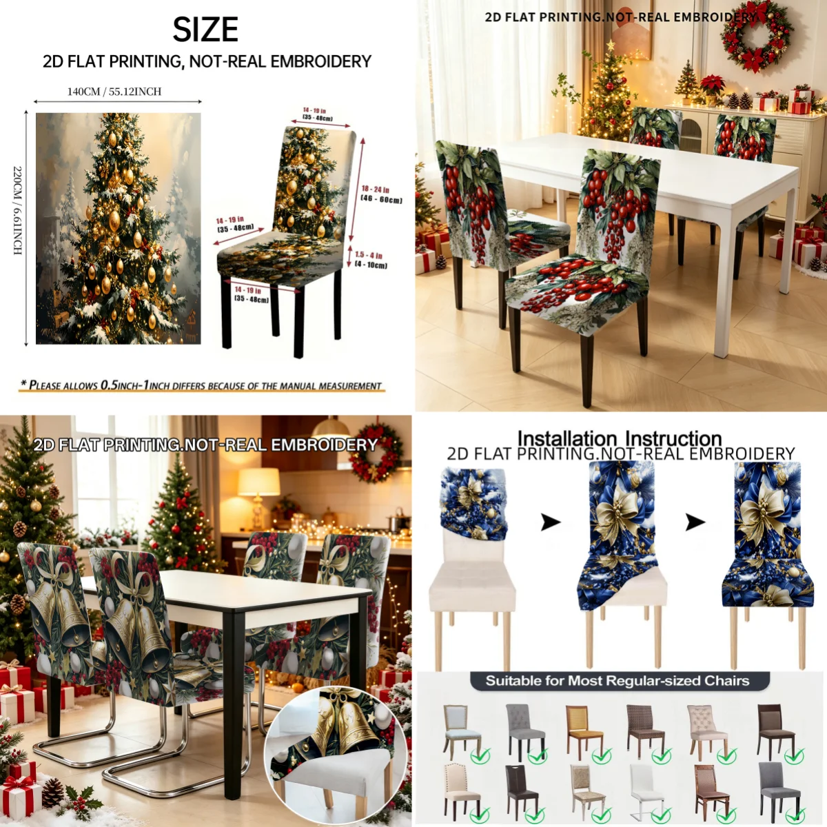 2/4/6 PCS Christmas tree bell floral print elastic dining chair cover, 2D flat print chair cover Christmas home decoration