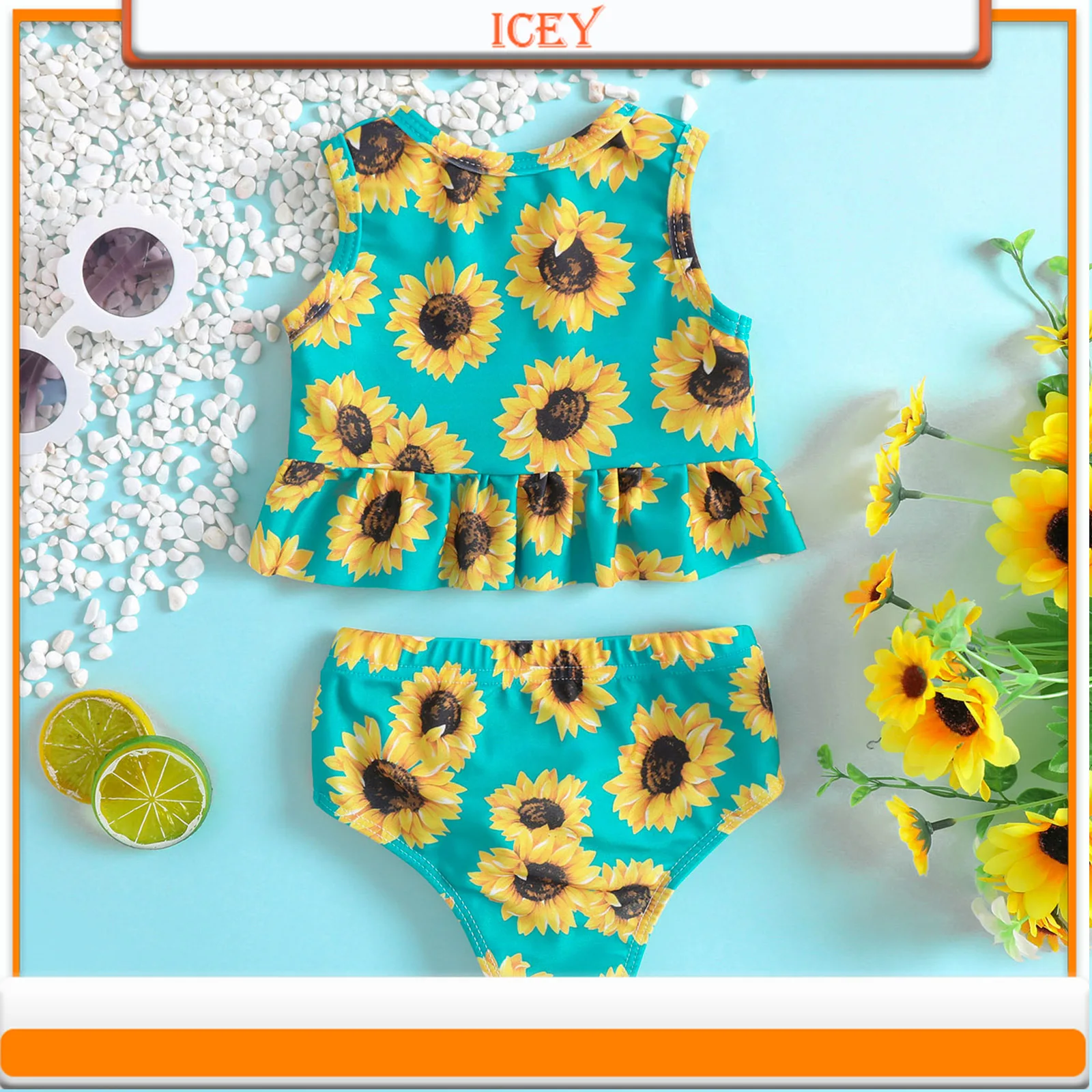 Sunflower Print Ruffle Girl Swimsuit Two-piece Set of Baby Girl Hot Spring Beach Swimsuit Two-Piece Suits