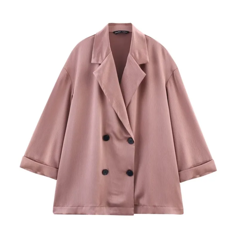 ชุดกางเกงขายาวเอฟเฟกต์ย่นเปลือก ชุดนอน 2 ชิ้น สไตล์ซาตินกระดุมสองแถว เสื้อกีฬา ชุดกางเกงขายาวเอวสูง