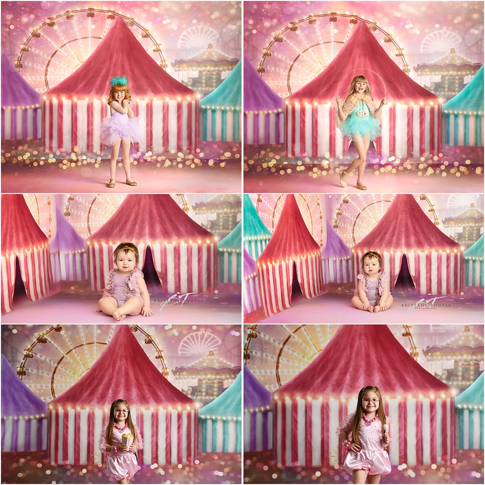 Pastel Carnival Pink Circus Photography Background Princess Girl Birthdays Cake Smash Photo Studio Props Ferris Wheel Backdrop