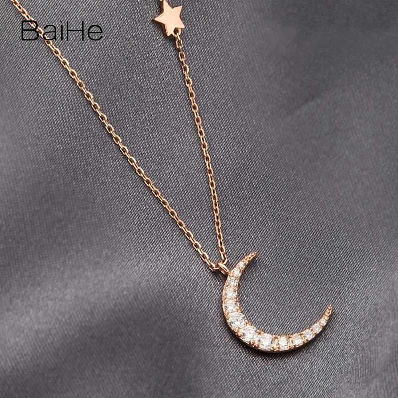 BAIHE Solid 14K White/Yellow/Rose Gold Moon Star Natural Diamond Pendant Necklace Women Engagement Trendy Fine Jewelry Collar