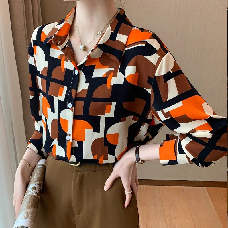 Prints Vintage Blouses Summer Loose Fit Long Sleeves Floral Women Tops Polo-neck Fashion Clothing Chiffon Women's Shirts